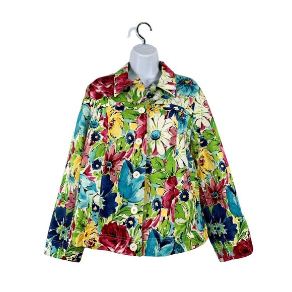 Vibrant Floral Print Womens Button-Up Jacket Size Large - Picture 1 of 11